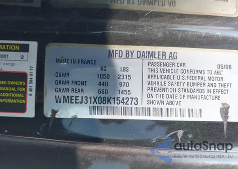 2008 Smart Fortwo Passion/Pure z USA, uszkodzony, nr VIN WMEEJ31X08K154273